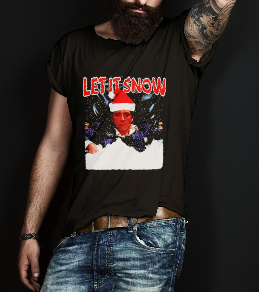 Let It Snow Al Pacino Scarface Tony Montana Snowflakes Santa Hat T-Shirt
