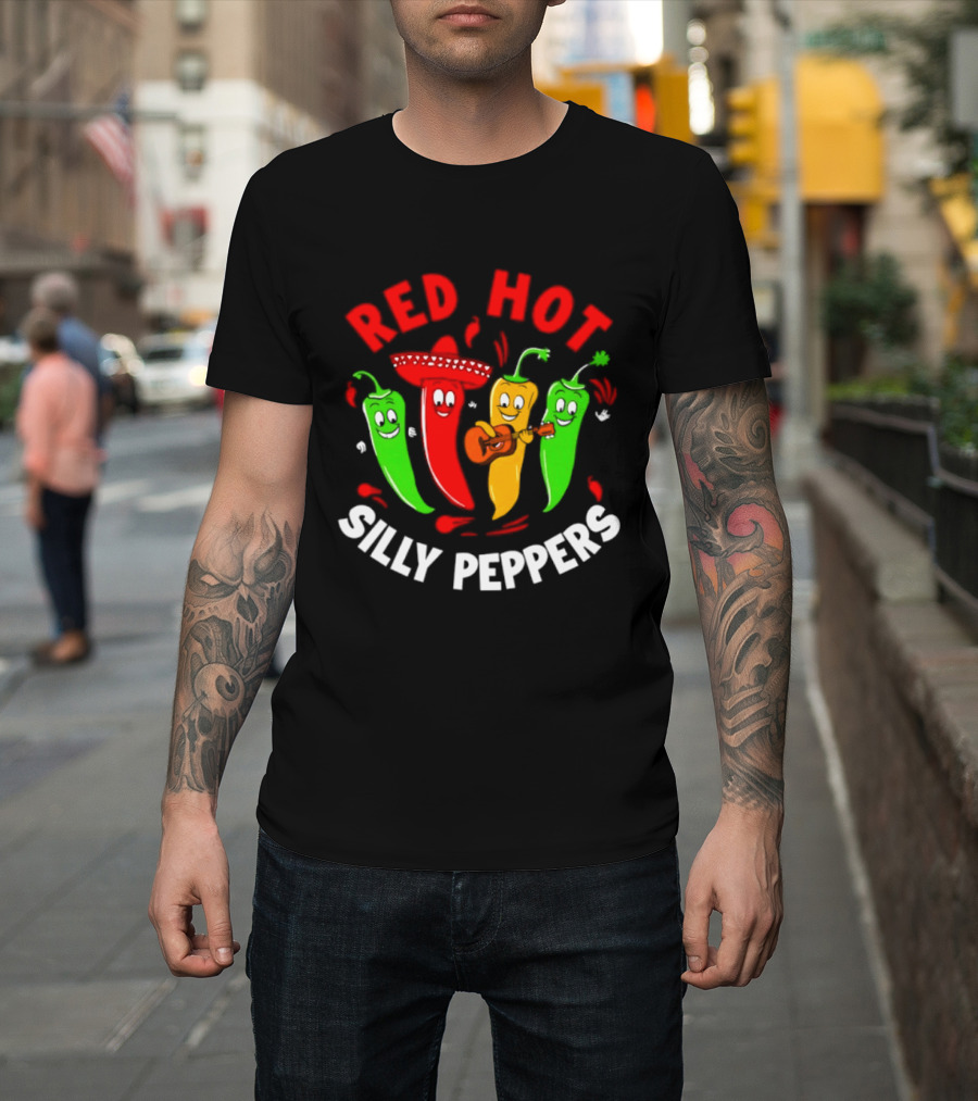 Red Hot Silly Peppers Band With Colorful Chili Cartoon Characters Playing Guitar T-Shirt