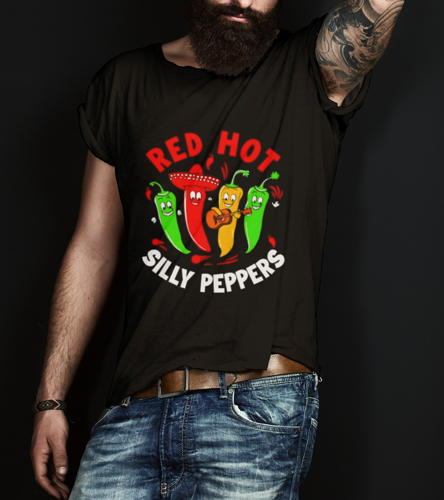 Red Hot Silly Peppers Band With Colorful Chili Cartoon Characters Playing Guitar T-Shirt