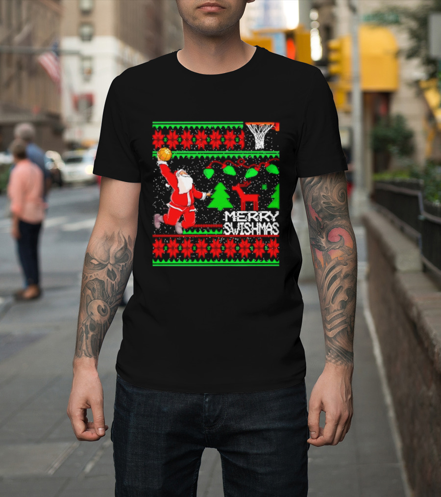 Santa Claus Dunking Basketball Ugly Christmas Sweater Merry Swishmas T-Shirt