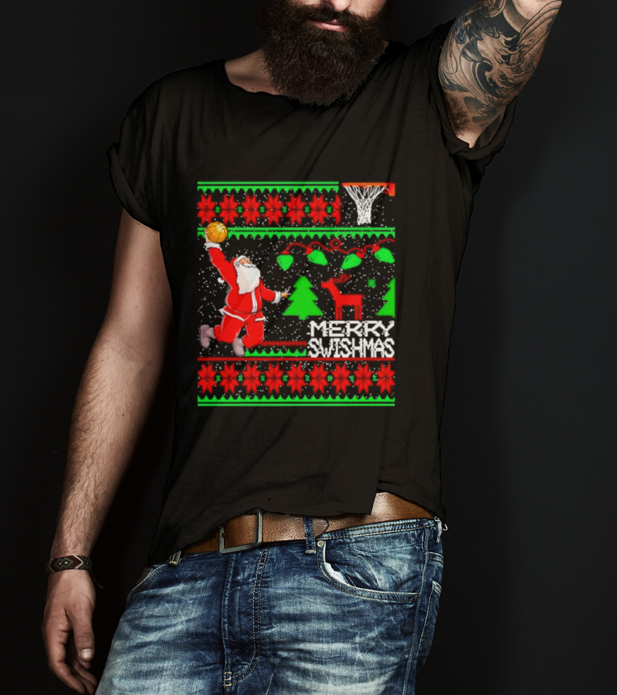 Santa Claus Dunking Basketball Ugly Christmas Sweater Merry Swishmas T-Shirt