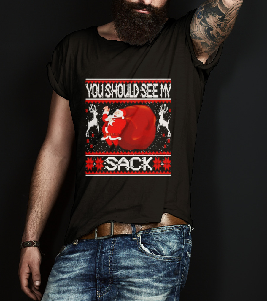 You Should See My Sack Santa Claus Ugly Christmas Reindeer Snowflakes T-Shirt
