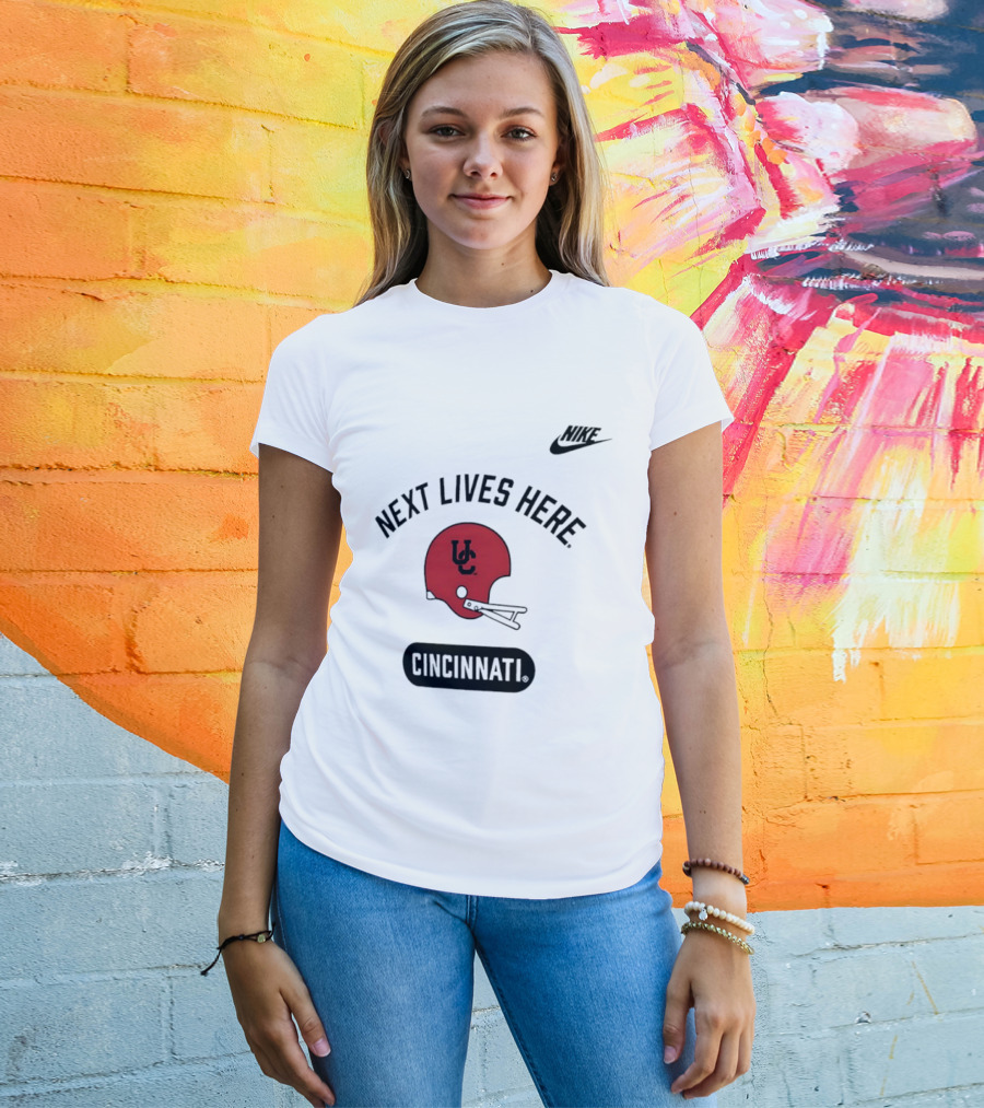 Next Lives Here Cincinnati UC Football Helmet Nike T-Shirt