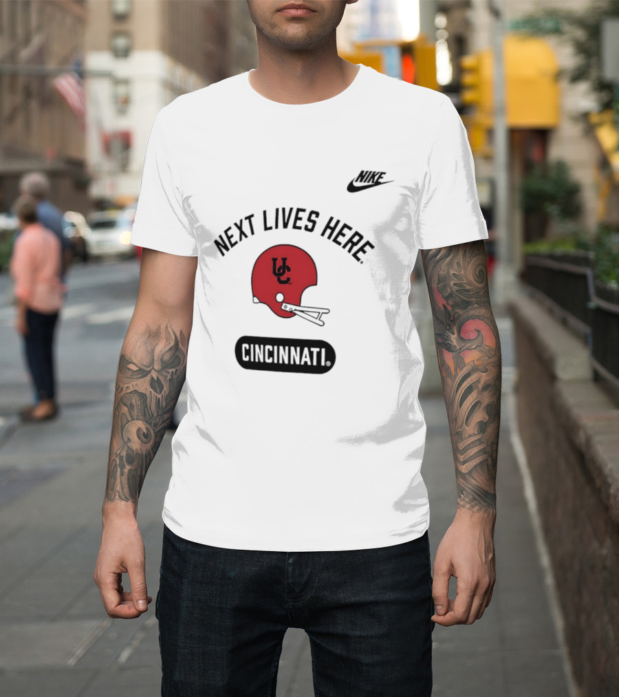 Next Lives Here Cincinnati UC Football Helmet Nike T-Shirt