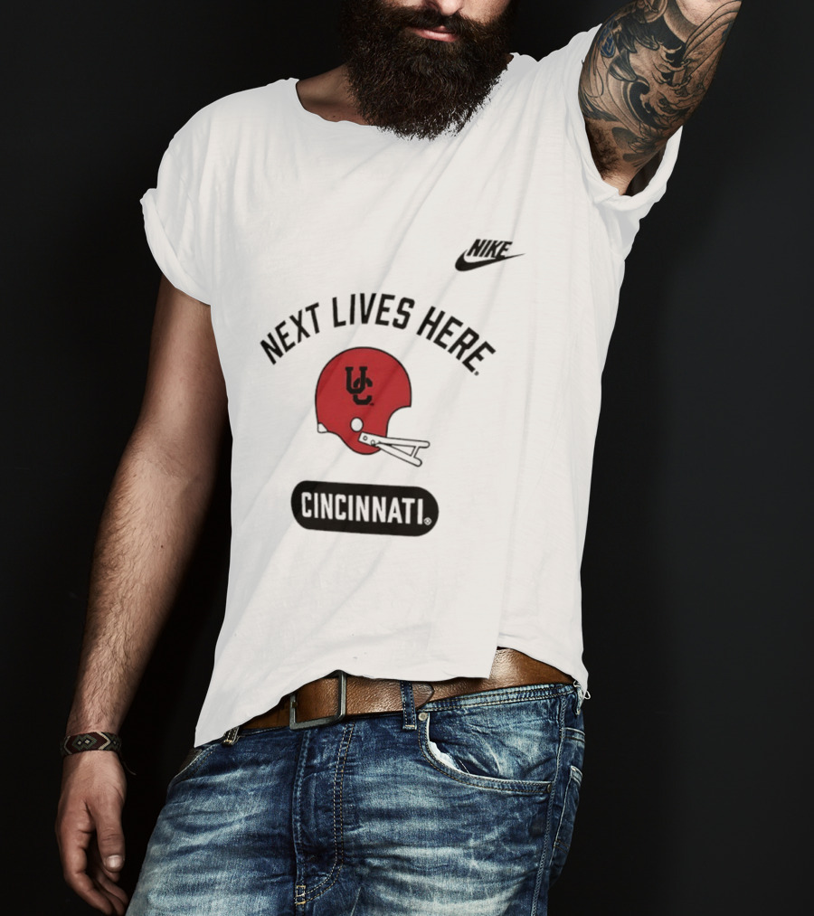 Next Lives Here Cincinnati UC Football Helmet Nike T-Shirt