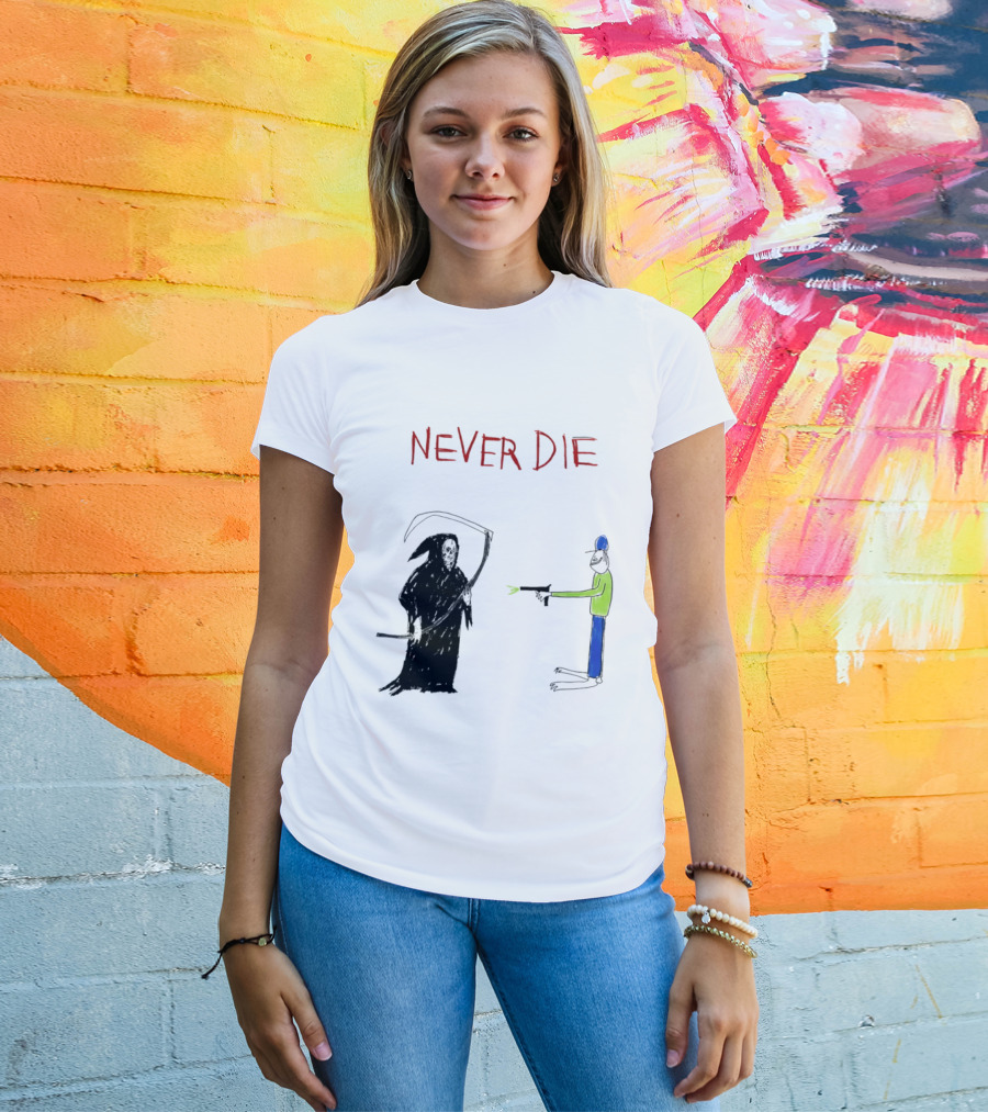 Never Die Grim Reaper Confronts Armed Man Drawing T-Shirt