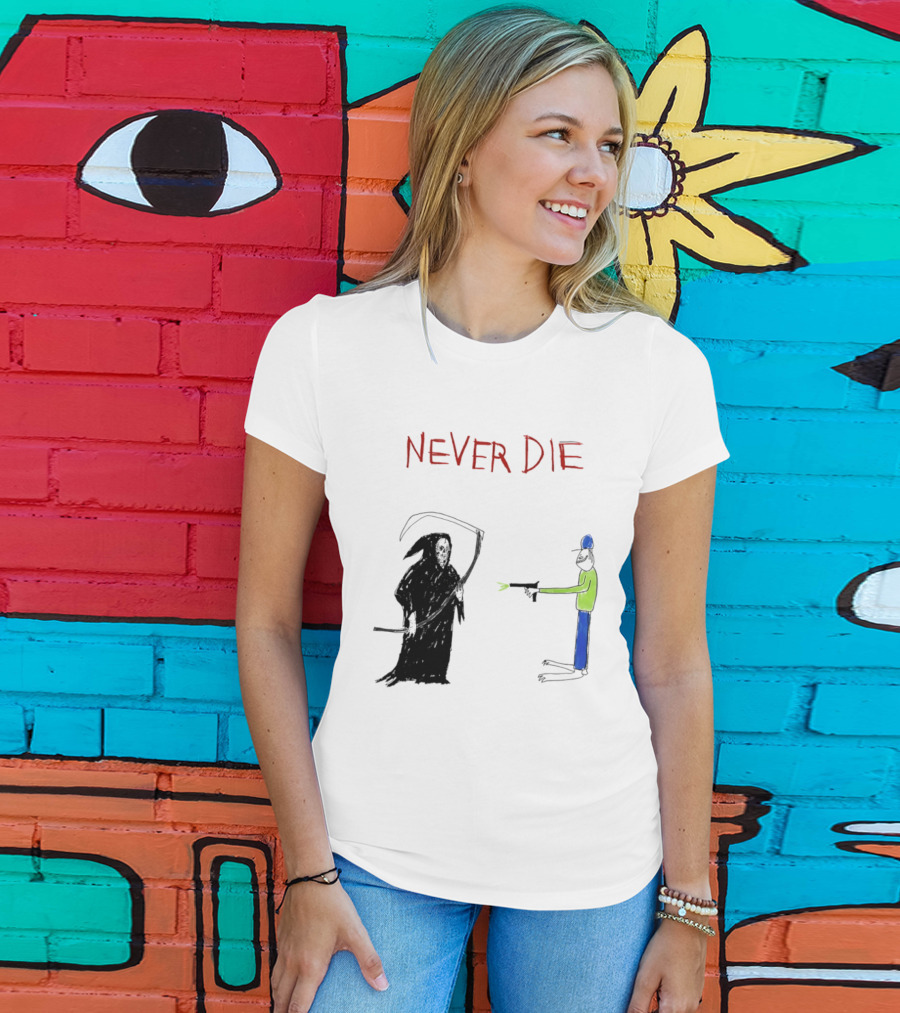 Never Die Grim Reaper Confronts Armed Man Drawing T-Shirt