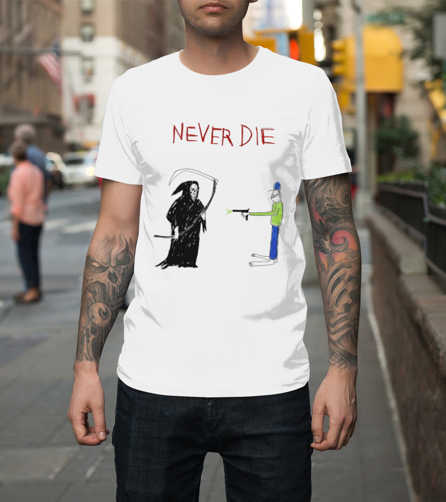 Never Die Grim Reaper Confronts Armed Man Drawing T-Shirt