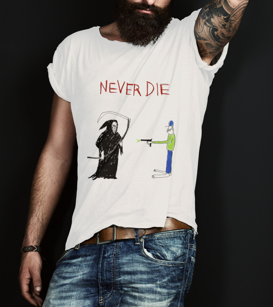 Never Die Grim Reaper Confronts Armed Man Drawing T-Shirt
