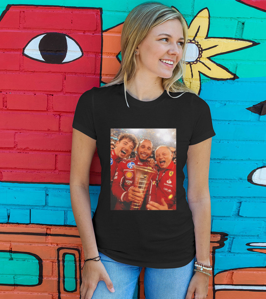Charles Leclerc Lewis Hamilton Frederic Vasseur Ferrari Victory Celebration Trophy BP Shell Santander CEVA Racing T-Shirt
