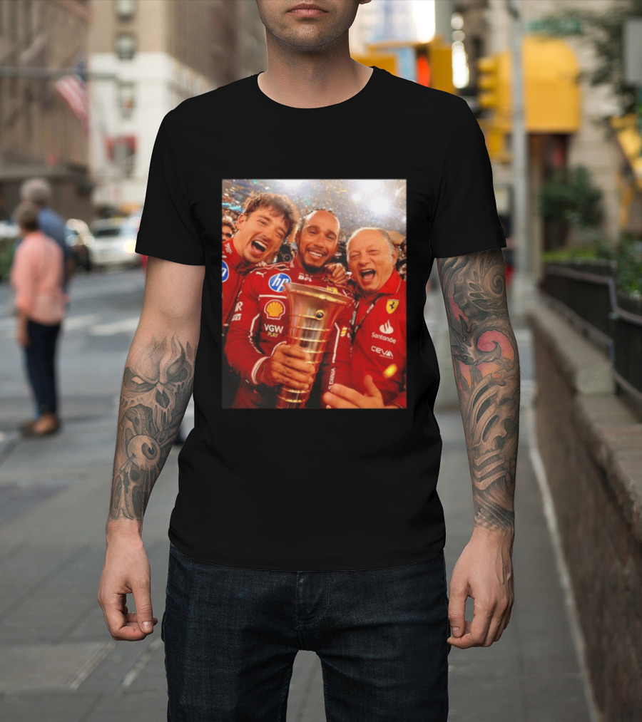 Charles Leclerc Lewis Hamilton Frederic Vasseur Ferrari Victory Celebration Trophy BP Shell Santander CEVA Racing T-Shirt