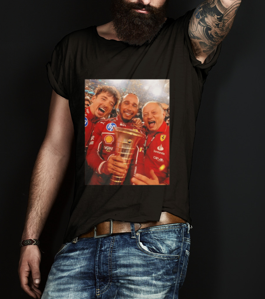 Charles Leclerc Lewis Hamilton Frederic Vasseur Ferrari Victory Celebration Trophy BP Shell Santander CEVA Racing T-Shirt