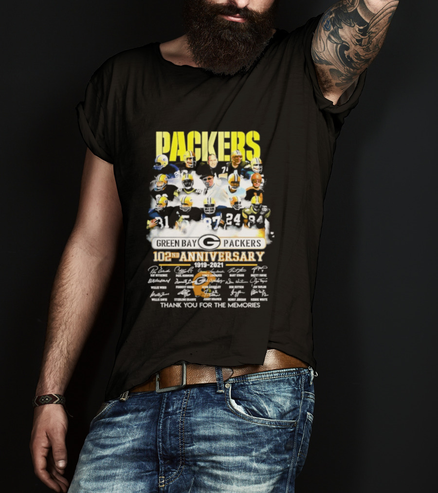 Green Bay Packers 102nd Anniversary 1919 2021 Thank You For The Memories Packers Legends Signatures Collection T-Shirt