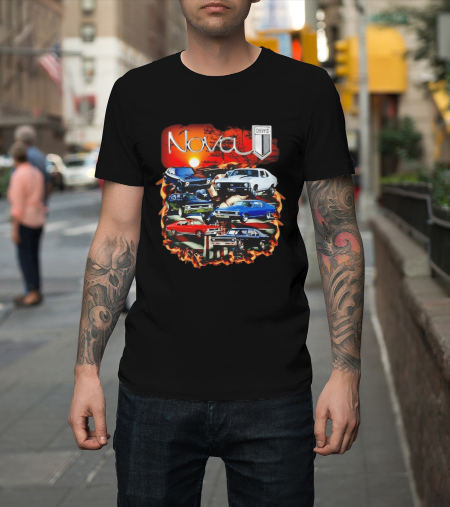 Nova Chevy II American Flag Muscle Car Collection Vintage Sunset T-Shirt