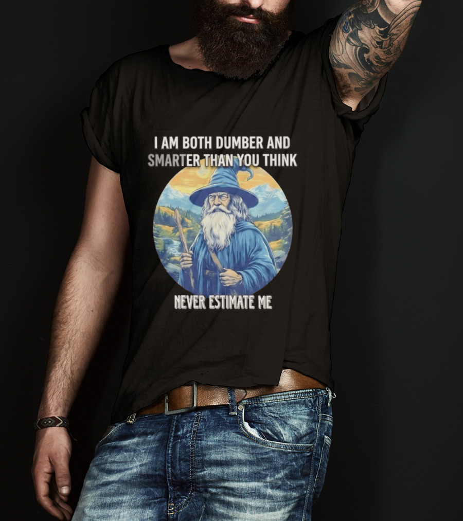 I Am Both Dumber And Smarter Than You Think Never Estimate Me Wizard Blue Robe And Hat Mountain T-Shirt