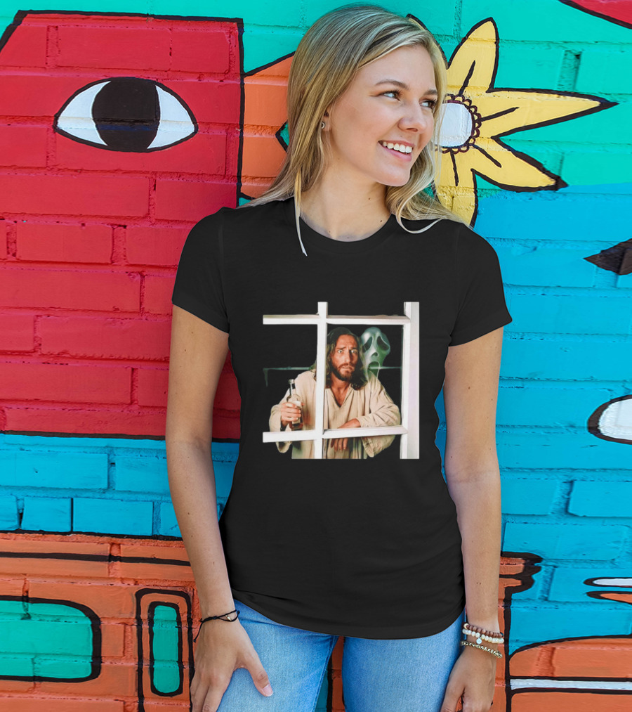 Jesus Drinking Whiskey With Ghostface Killer Behind Window T-Shirt