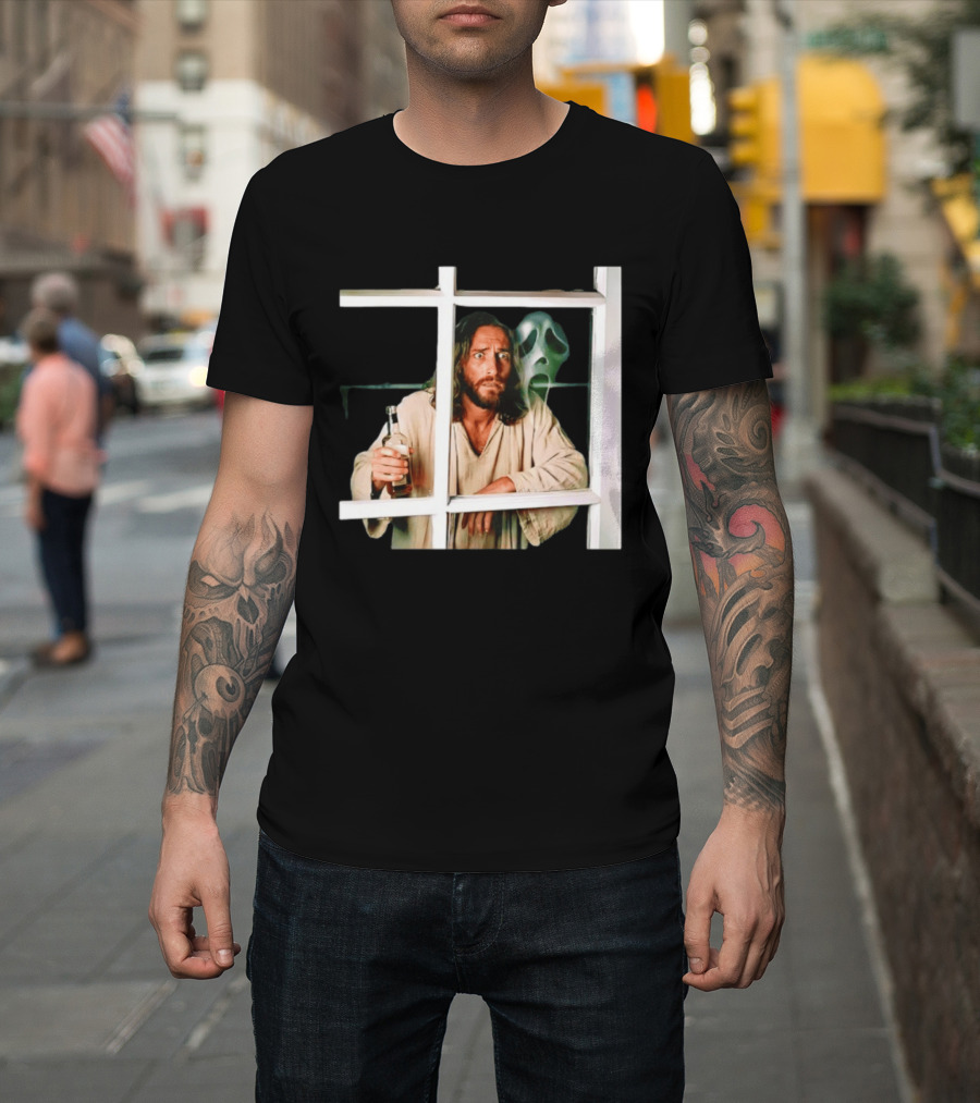 Jesus Drinking Whiskey With Ghostface Killer Behind Window T-Shirt