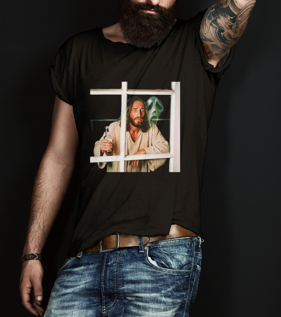 Jesus Drinking Whiskey With Ghostface Killer Behind Window T-Shirt