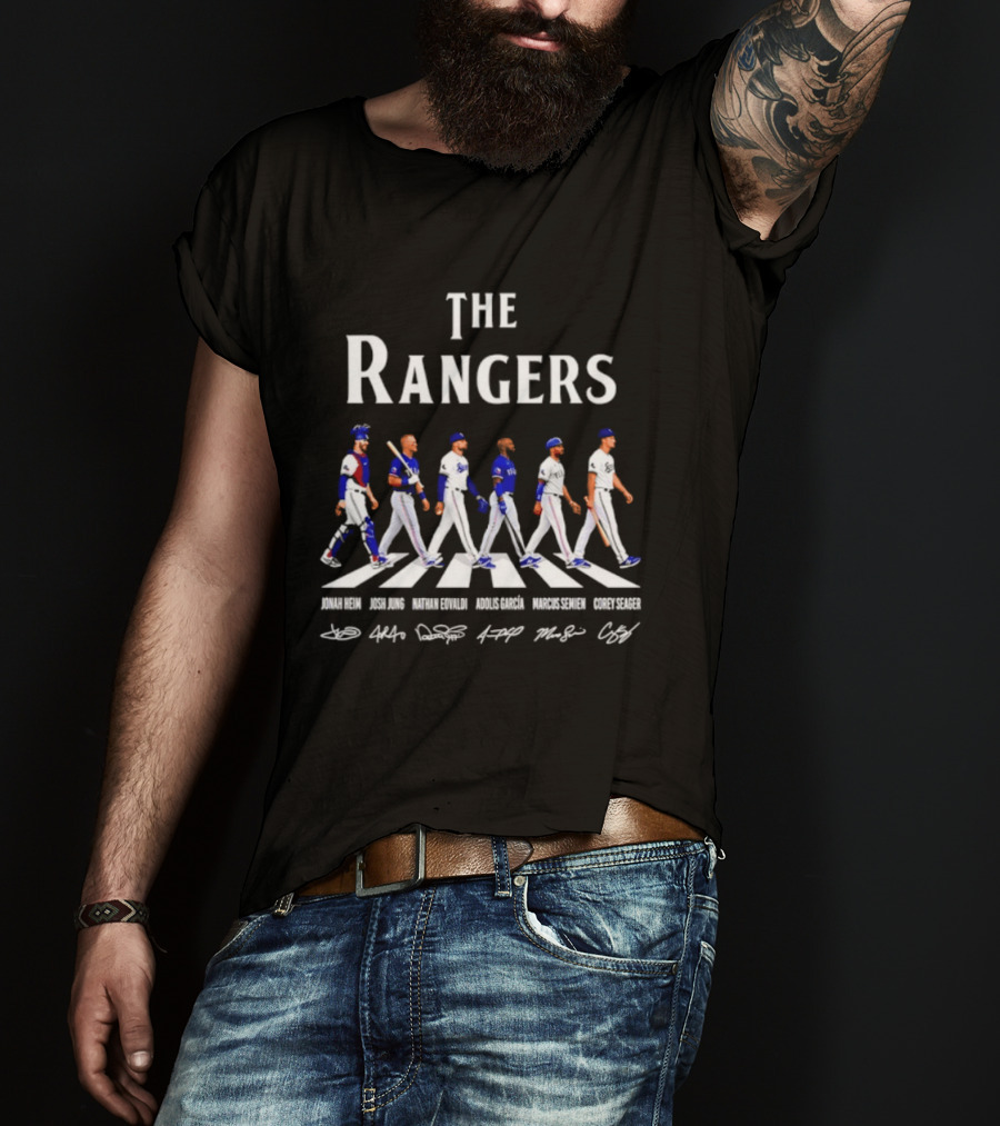 The Rangers Jonah Heim Josh Jung Nathan Eovaldi Adolis Garcia Marcus Semien Corey Seager Abbey Road Baseball Players T-Shirt