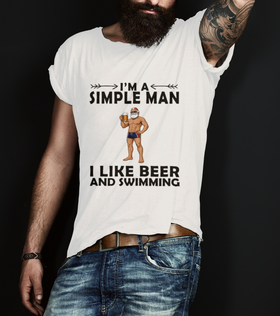 I'm A Simple Man I Like Beer And Swimming Funny Bearded Swimmer With Beer T-Shirt