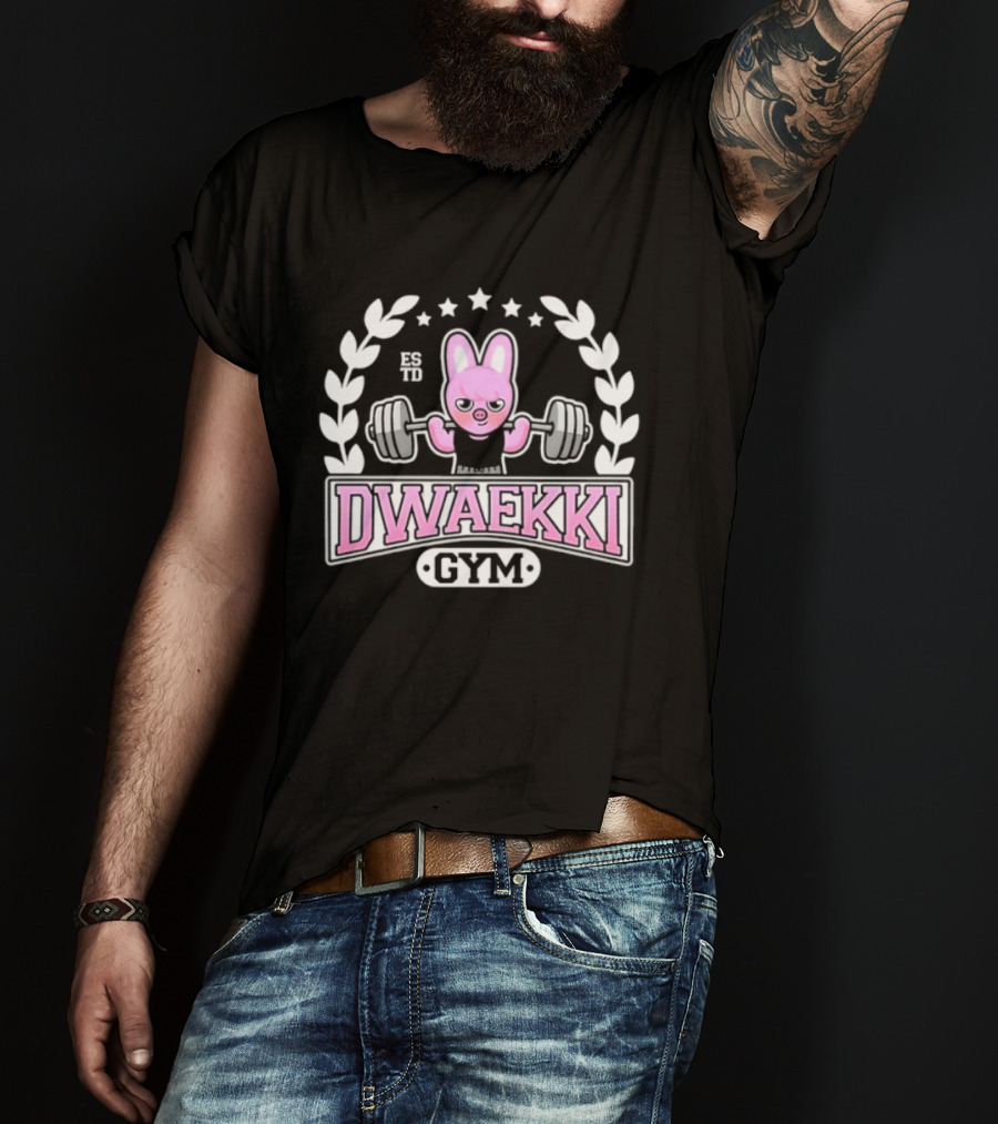 Dwaekki Gym Stray Hyunjin SKZOO K Pop Weightlifting Bunny Character Fitness Fan Gear T-Shirt