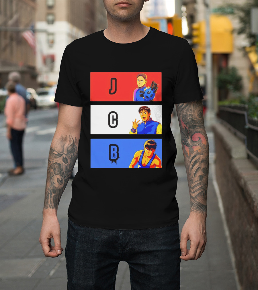 JCB Anime Characters Red White Blue Panels T-Shirt
