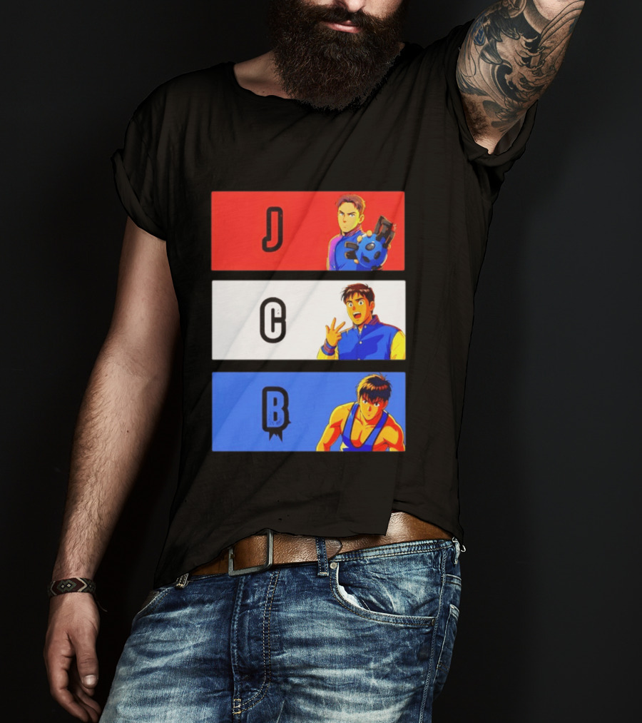 JCB Anime Characters Red White Blue Panels T-Shirt