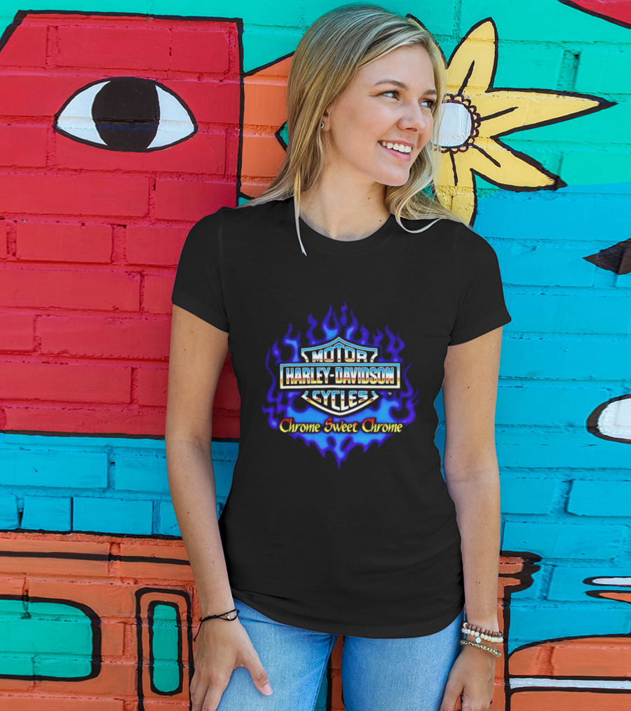 Harley Davidson Motor Cycles Chrome Sweet Chrome Blue Flames T-Shirt