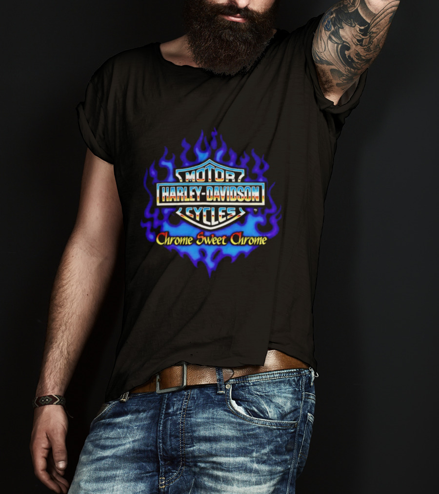 Harley Davidson Motor Cycles Chrome Sweet Chrome Blue Flames T-Shirt