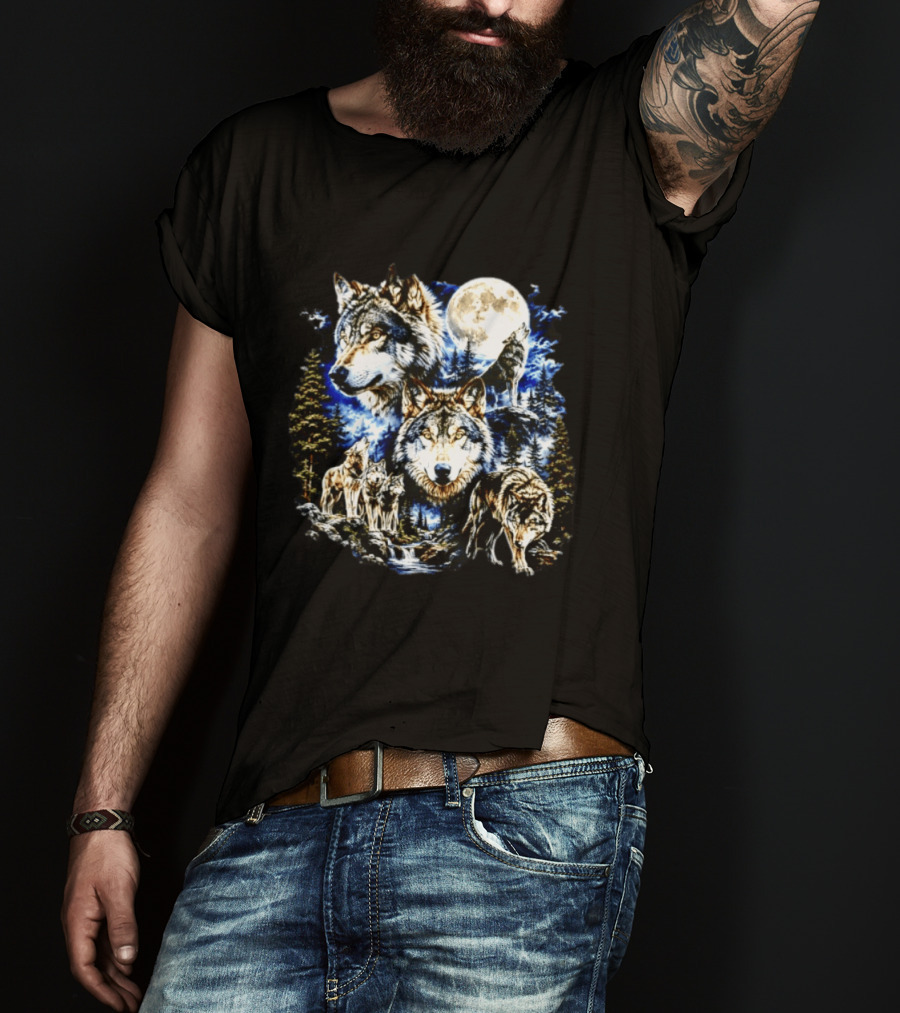 MS Studio Wolf Pack Full Moon Forest Wilderness Nature T-Shirt