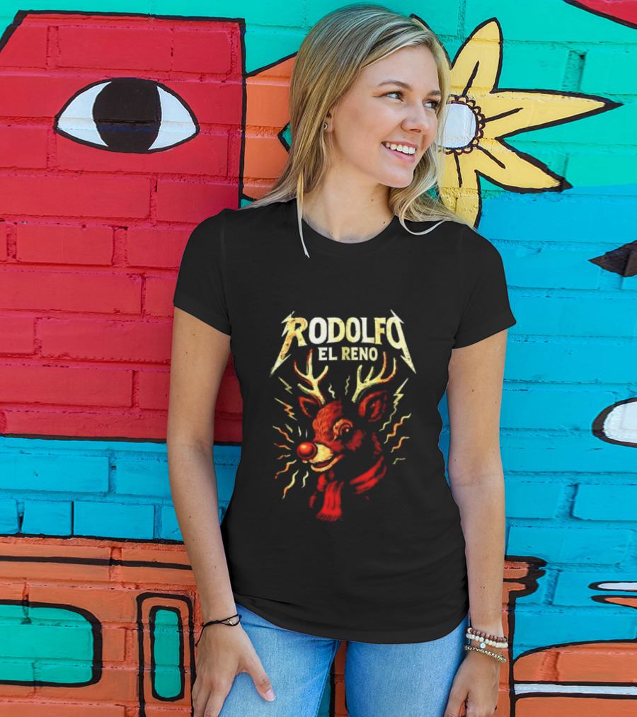 Rodolfo El Reno Heavy Metal Reindeer Christmas Lightning Antlers T-Shirt