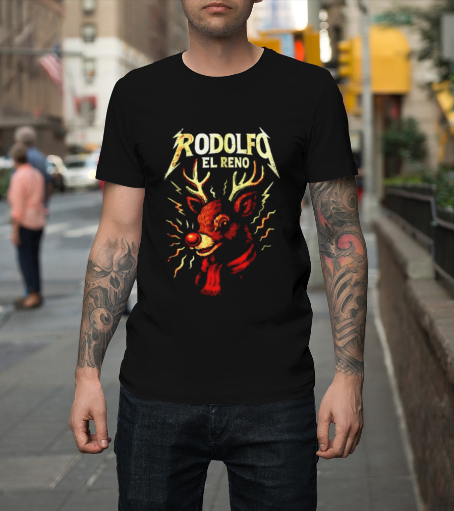Rodolfo El Reno Heavy Metal Reindeer Christmas Lightning Antlers T-Shirt