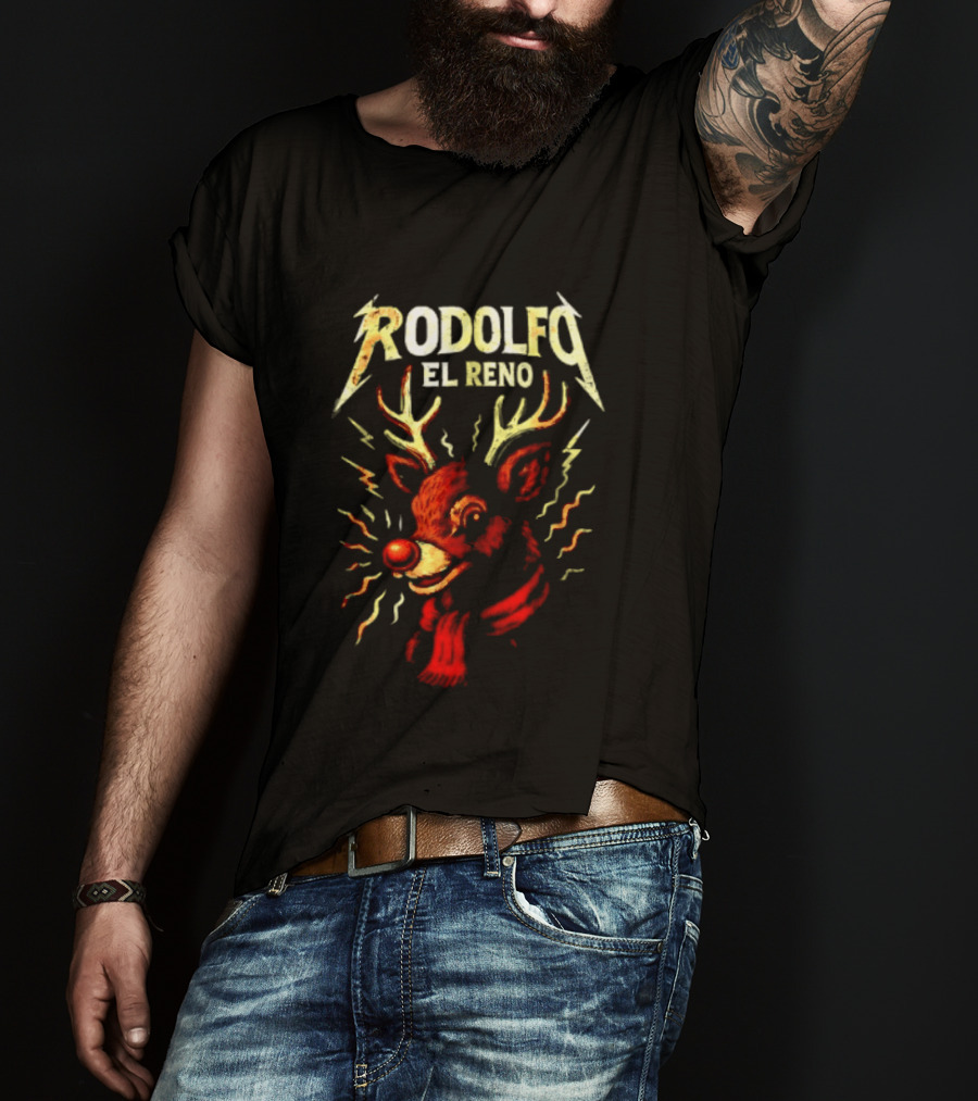Rodolfo El Reno Heavy Metal Reindeer Christmas Lightning Antlers T-Shirt