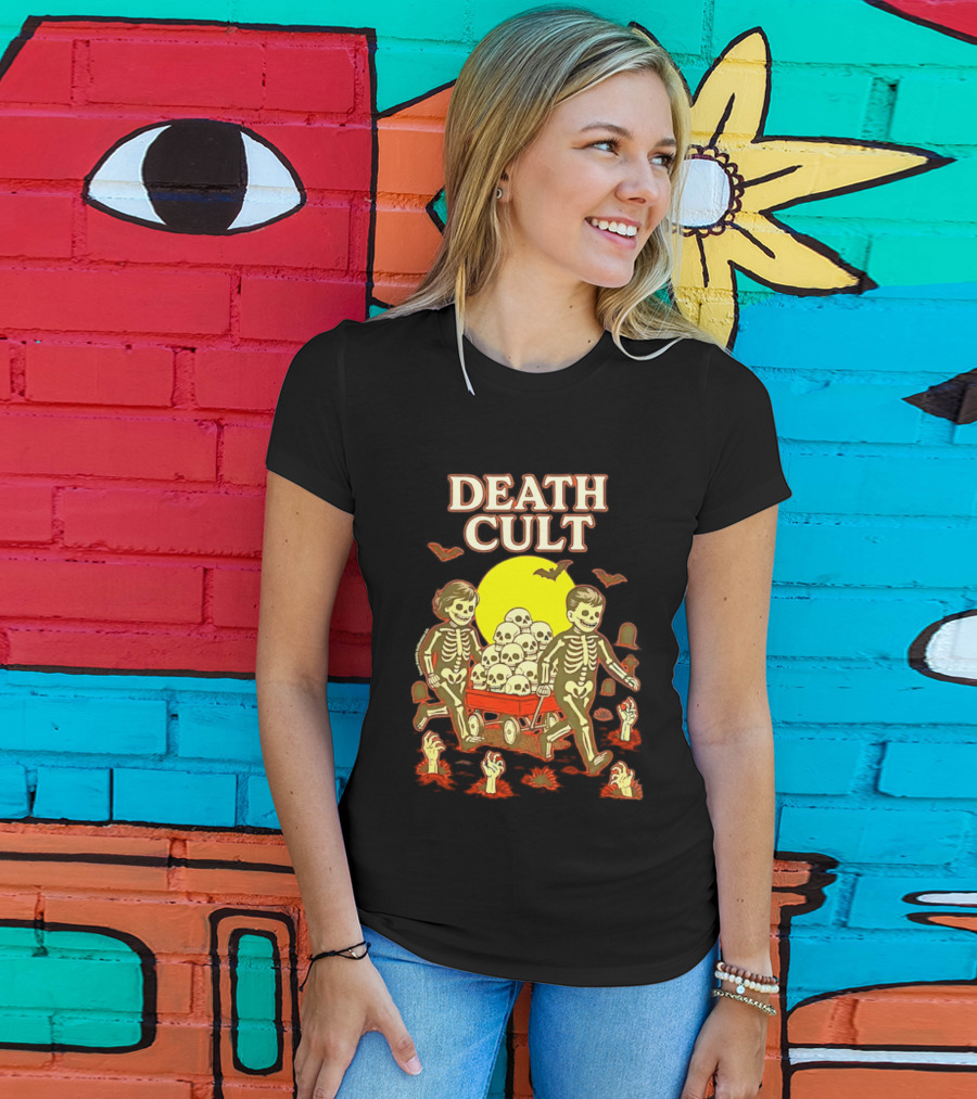 Death Cult Skeleton Kids Hauling Skull Filled Wagon With Rising Hands And Bats T-Shirt