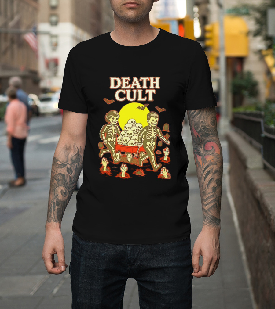 Death Cult Skeleton Kids Hauling Skull Filled Wagon With Rising Hands And Bats T-Shirt