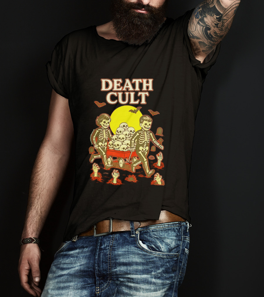 Death Cult Skeleton Kids Hauling Skull Filled Wagon With Rising Hands And Bats T-Shirt