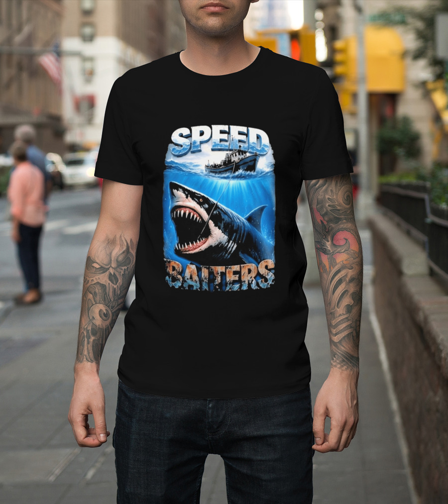 Speed Baiters Shark With Boat And Ocean T-Shirt