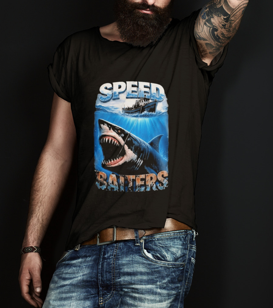 Speed Baiters Shark With Boat And Ocean T-Shirt