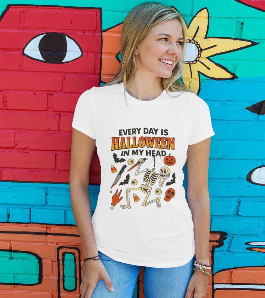 Every Day Is Halloween In My Head Teen Hearts Skeleton Pumpkin Bats Candy Corn T-Shirt