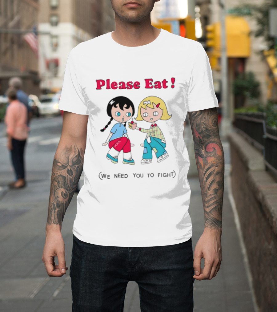 Please Eat We Need You To Fight Vintage Anime Style Cartoon Characters Sharing Food T-Shirt