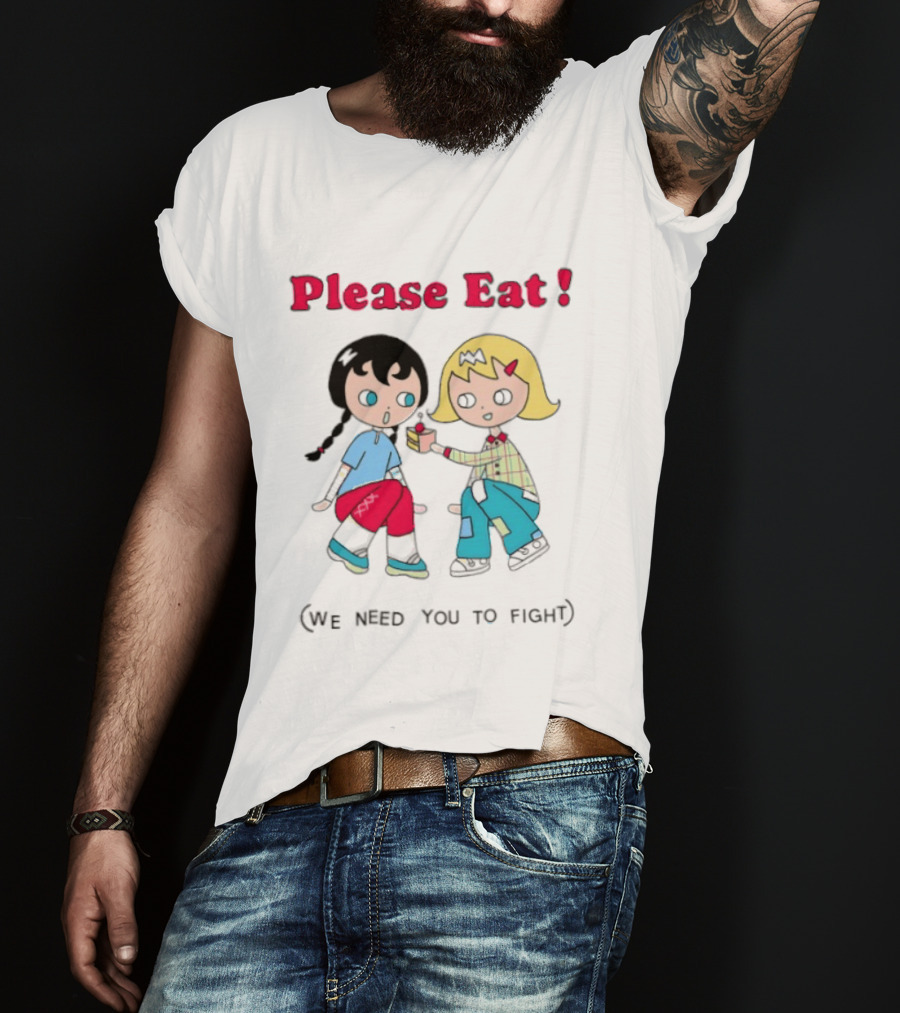 Please Eat We Need You To Fight Vintage Anime Style Cartoon Characters Sharing Food T-Shirt