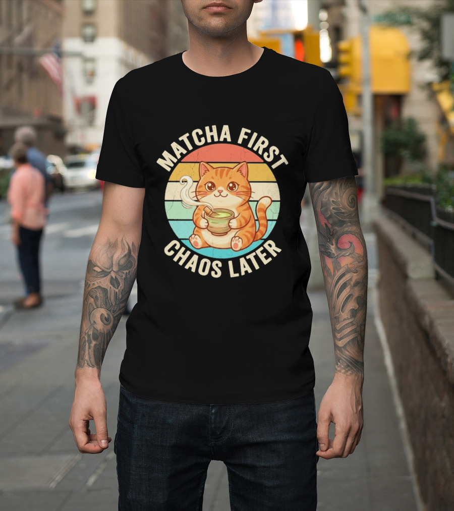 Matcha First Chaos Later Cat Retro Stripes Tea T-Shirt