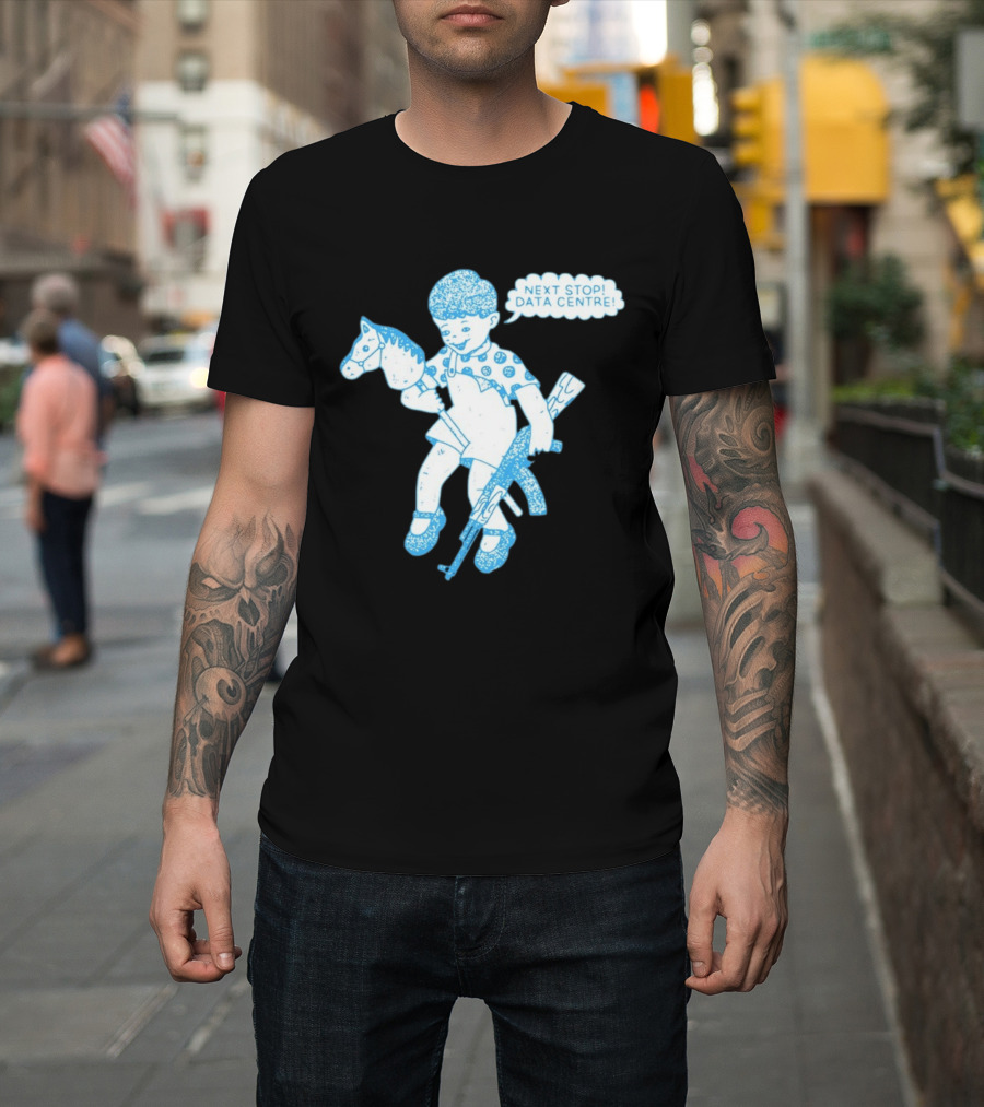 Next Stop Data Centre Kid With Hobby Horse And Toy Rifle Tech Humor T-Shirt