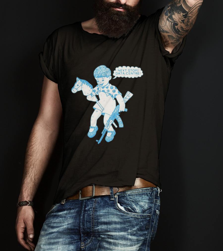 Next Stop Data Centre Kid With Hobby Horse And Toy Rifle Tech Humor T-Shirt