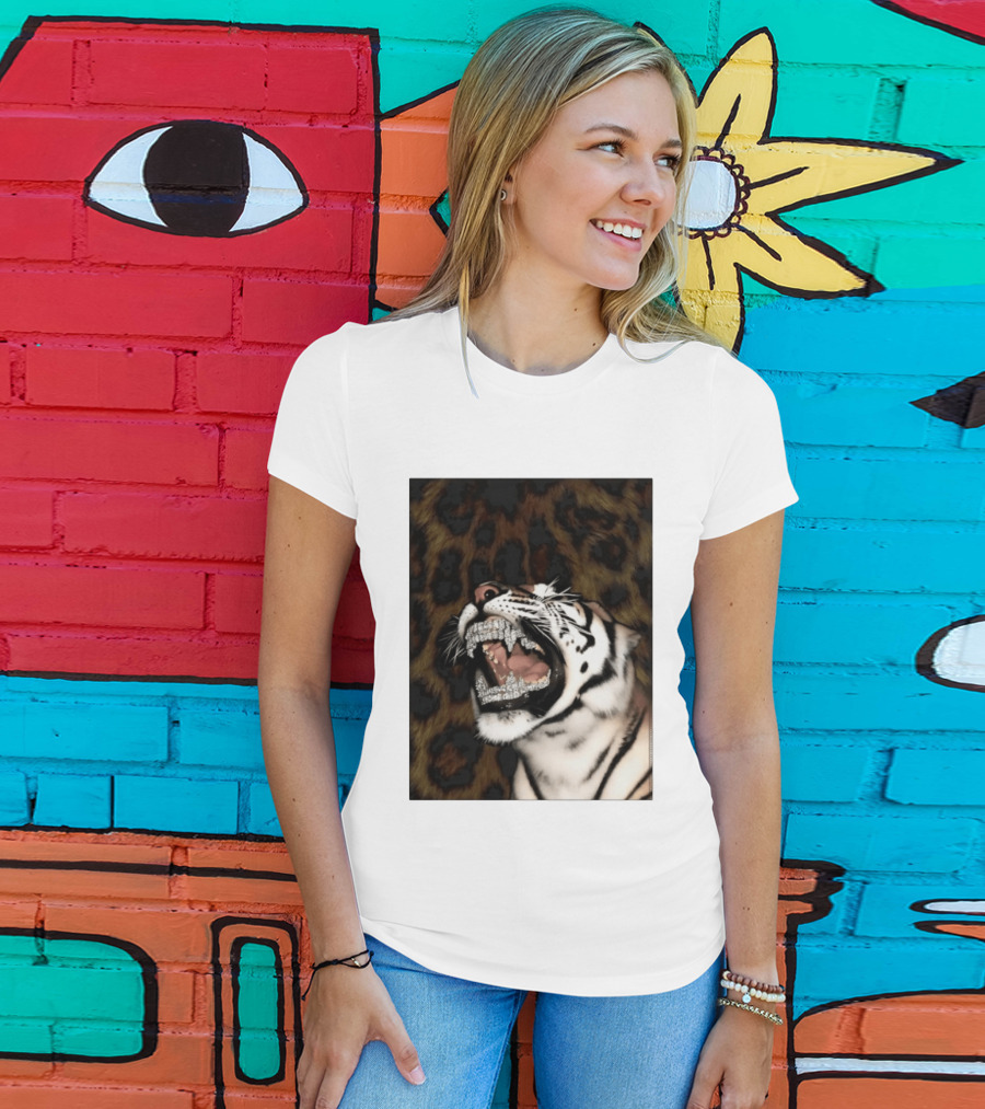 Tiger Diamond Grillz Iced Out Animal Roaring With Leopard Print T-Shirt