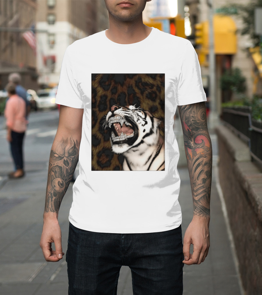 Tiger Diamond Grillz Iced Out Animal Roaring With Leopard Print T-Shirt