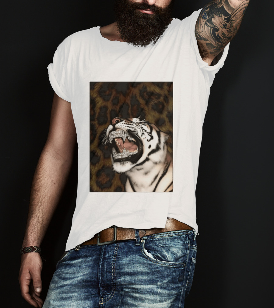 Tiger Diamond Grillz Iced Out Animal Roaring With Leopard Print T-Shirt