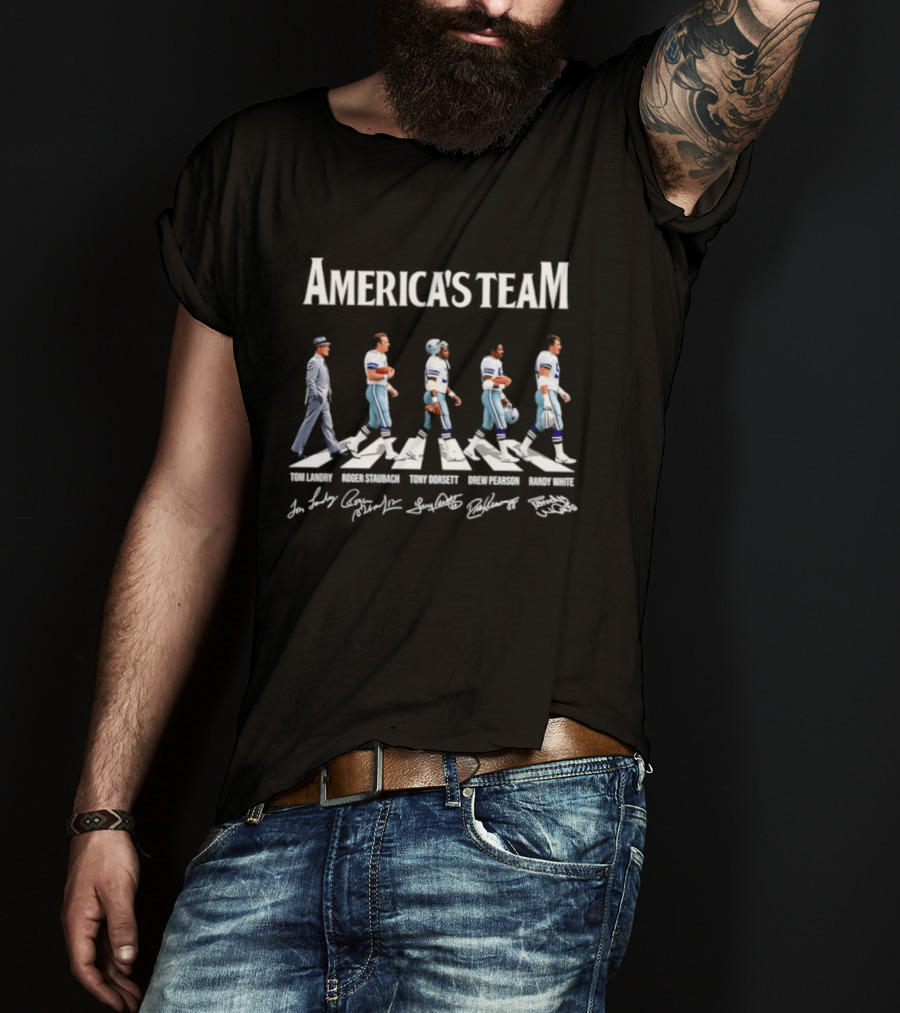 America's Team Tom Landry Roger Staubach Tony Dorsett Drew Pearson Randy White Dallas Cowboys Signatures Abbey Road T-Shirt