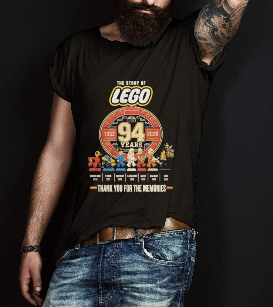 The Story Of Lego 1932 2026 94 Years Thank You For The Memories History Timeline T-Shirt