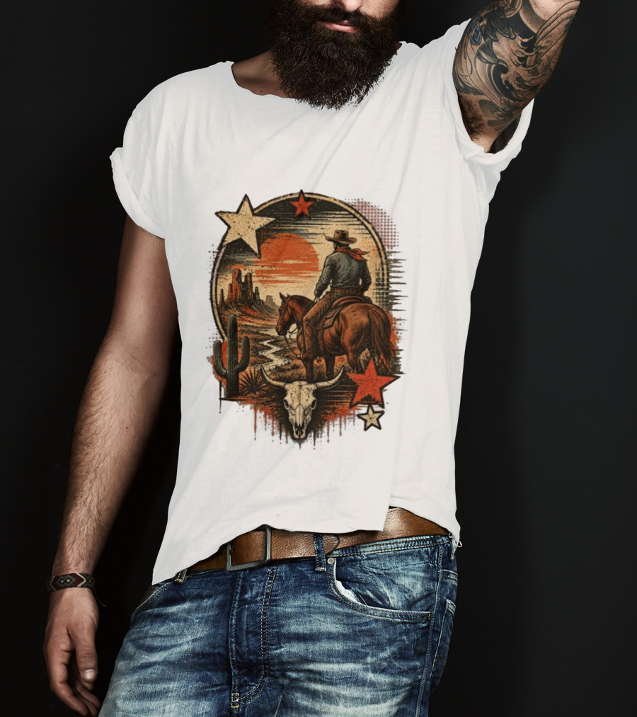Cowboy On Horseback Under Desert Sunset With Cactus And Skull T-Shirt